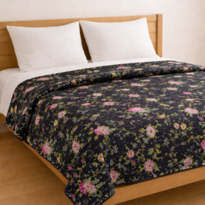 Black Floral Kantha Quilt Handmade Cotton Bedspread | Boho Reversible Blanket 90x108 in